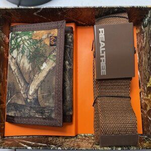 Realtree Webbing Belt & RFID Tri-fold Nylon Wallet: Brown